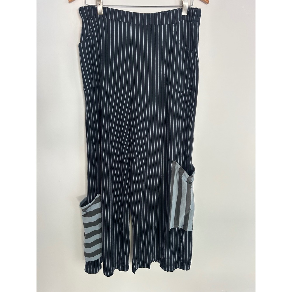 Flutter Womens Black White Pinstripe Wide Leg Cotton Pants Contrast Pockets L